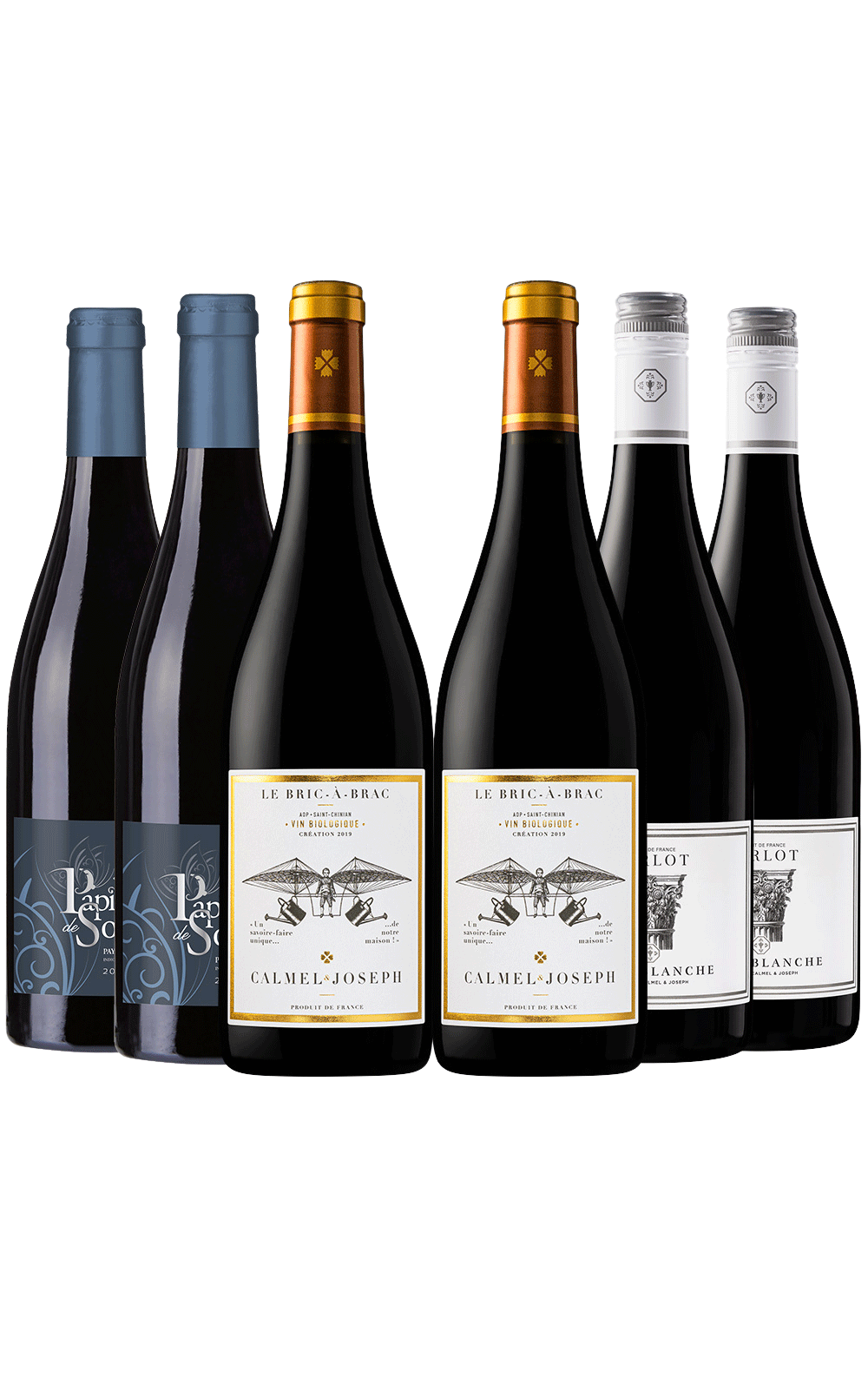 Junho/24 – Domaine de Caizergues Le Papillon de Soie IGP d'Oc 2020, Calmel e Joseph Villa Blanche Merlot IGP Pays d'Oc 2021 e Calmel e Joseph Le Bric à Brac AOC Saint Chinian 2019