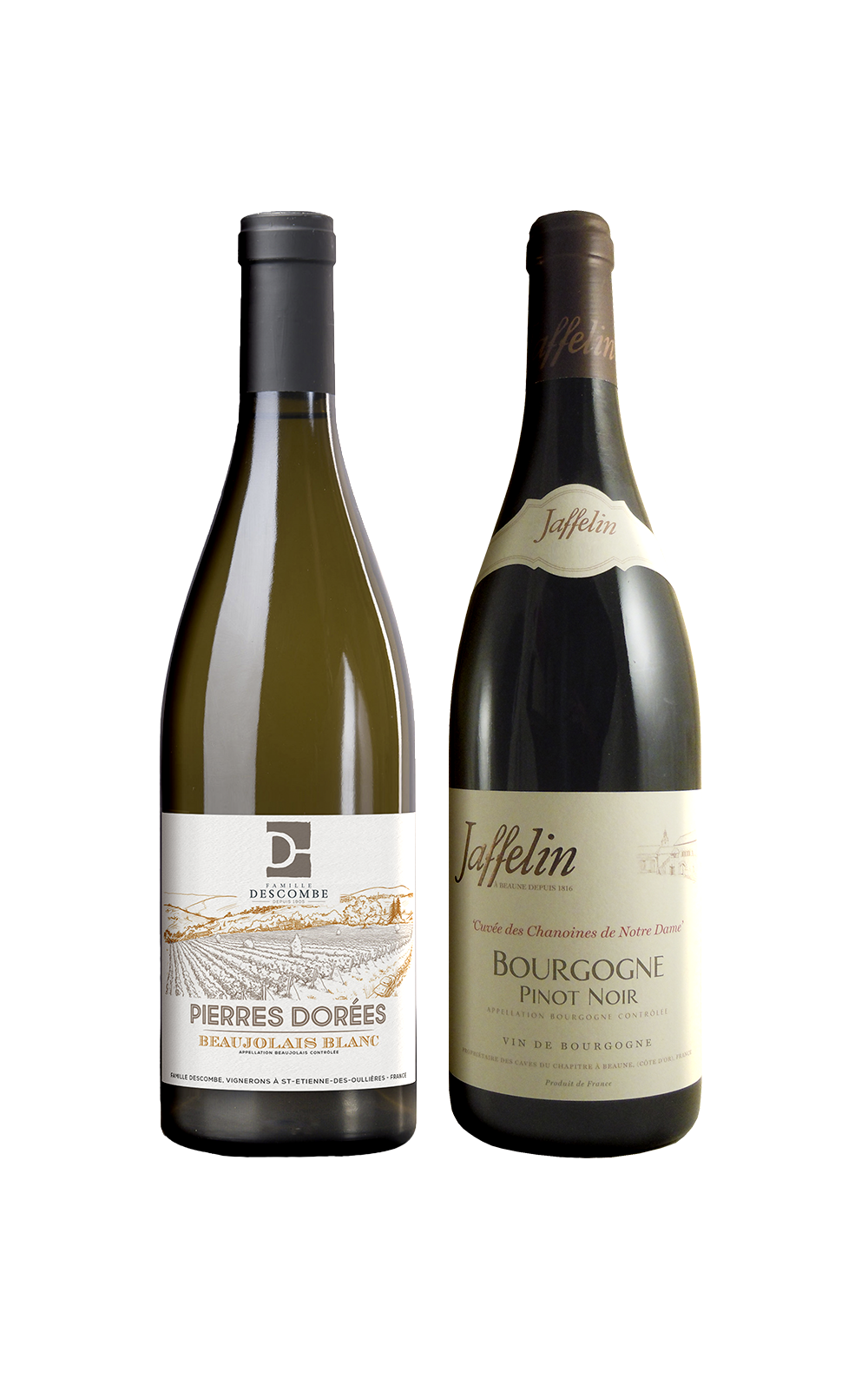 Julho/25 - Famille Descombe Beaujolais Blanc 2022 e Maison Jaffelin Cuvée des Chanoines Bourgogne Pinot Noir 2023